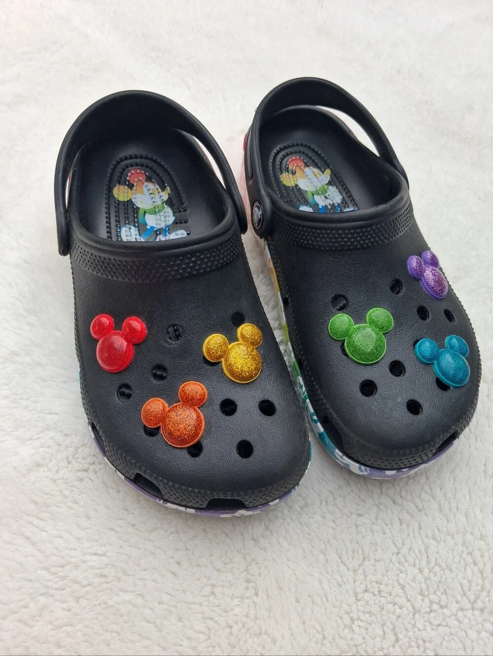 Kids Black Crocs Shoes with Rainbow Mickey Accents Size 3- Big Kid Unisex